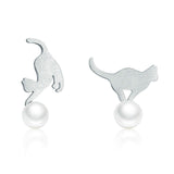 925 Sterling Silver Naughty Cat Play Ball Drop Earrings