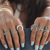 6pcs/Set Bohemia Silver Moon Hippocampi Wave Rings Set Rhinestone Knuckle Finger Midi Rings