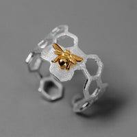 925 Sterling Silver Handmade Jewelry Adjustable Open Ring Gold Bee Honeycomb