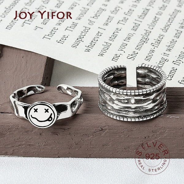 Trendy 925 Sterling Silver Smiling Face Width Ring for Women Vintage Weaving Party Accessories Hiphop Rock Jewelry Gift