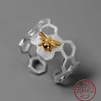 925 Sterling Silver Handmade Jewelry Adjustable Open Ring Gold Bee Honeycomb