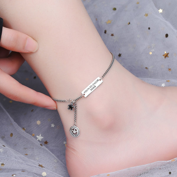 925 Sterling Silver Square Brand Anklet Female Korean Style Of The Net Red Simple Thai Silver Retro Fashion Personality Cold Wind Jewelry