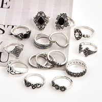 15 Pcs/set Bohemian Retro Crystal Flower Leaves Hollow Lotus Gem Silver Ring Set Women Wedding Anniversary Gift