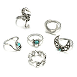 6pcs/Set Bohemia Silver Moon Hippocampi Wave Rings Set Rhinestone Knuckle Finger Midi Rings