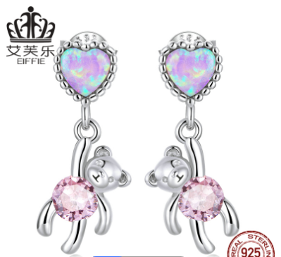 Avele Europe And America Hot Selling Silver Love Bear Earrings S925 Zircon Heart-Shaped Opal Animal Earrings