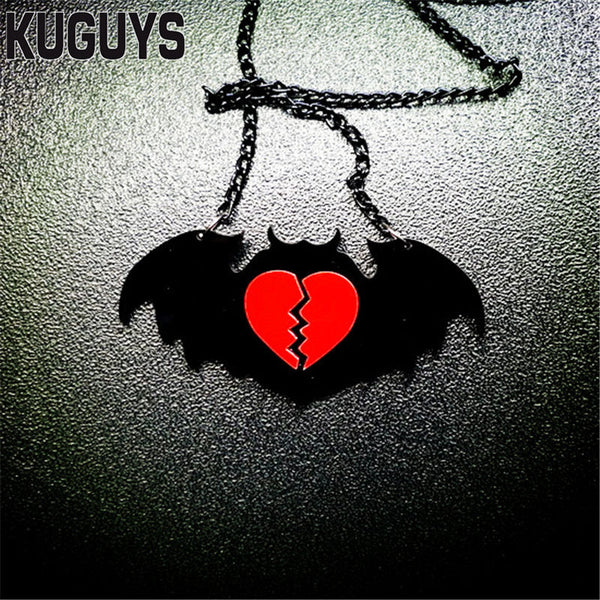 Acrylic Jewelry Custom Women Broken Heart Black Bat Pendant Necklace Link Chain HipHop Rock Mens Necklaces